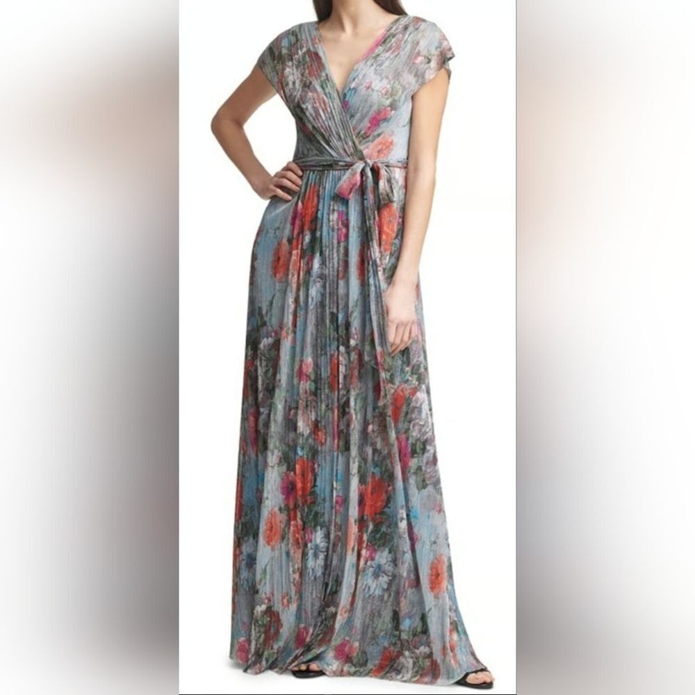 Eliza j metallic floral drape shoulder gown NWOT Size 2 Blue Multi-Color